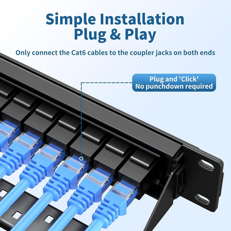 LinkNexa 24 Port Patch Panel, Keystone Patch Panel 24 Port Loaded with RJ45 Couplers Plus 2 Spare, 10G Pass-Through, UTP 19-Inch 1U Ethernet Panel with Removable Back Bar for Cat5, Cat5e, Cat6 Cabling - Image 4